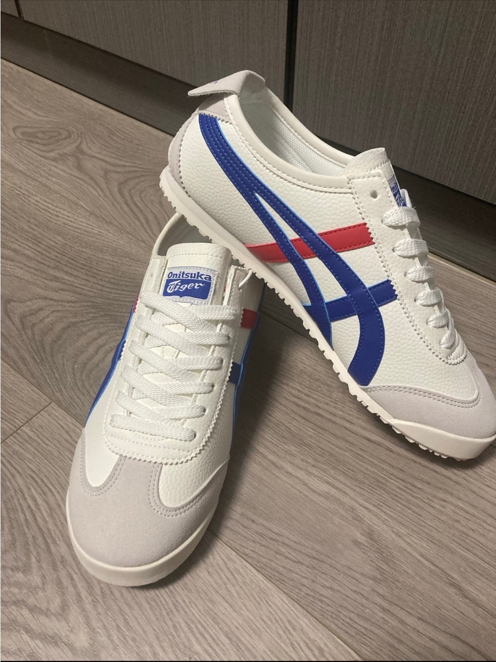 Onitsuka Tiger by Asics White Sneakers with Blue and Red Stripes